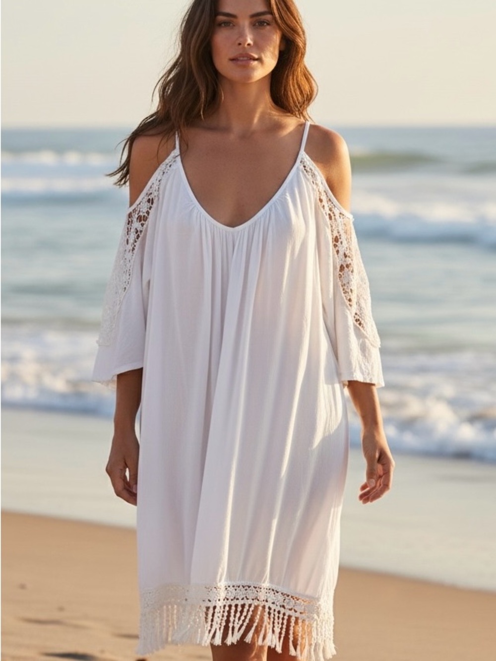 Kate Kasin White Boho Lace Cold Shoulder Fringe Dress Size Large
